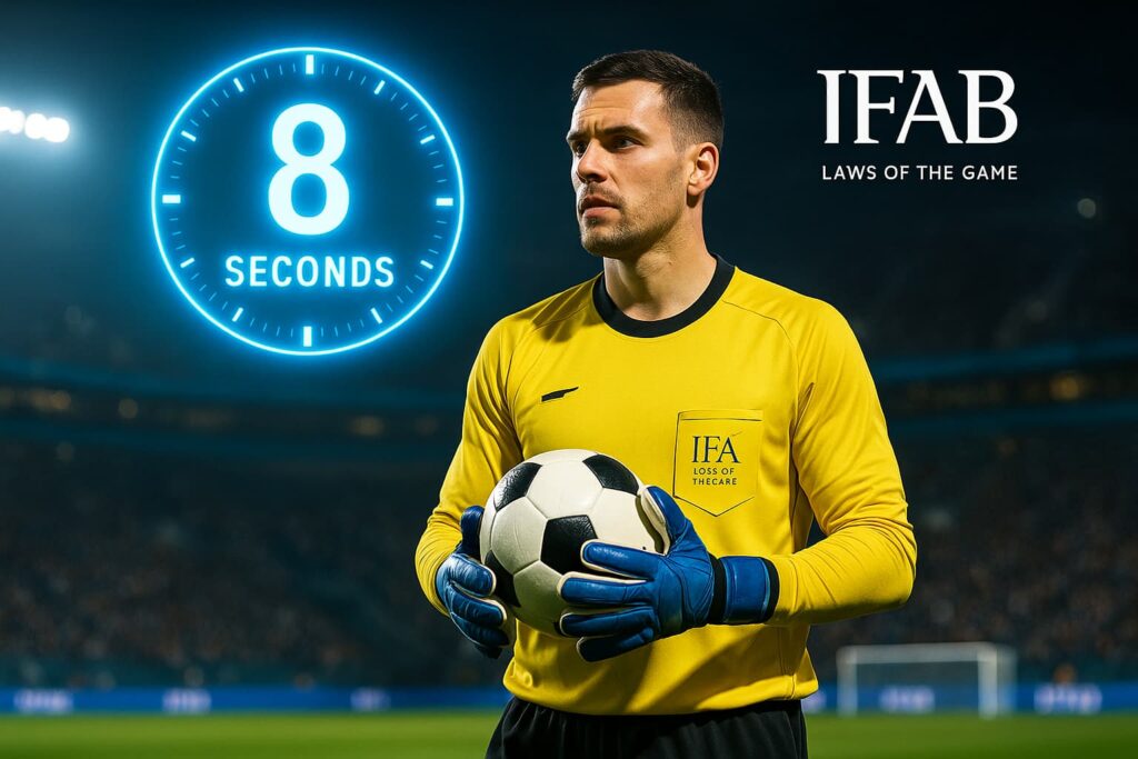 Goalkeeper holding football with 8-second timer above under new IFAB football rules 2025-26