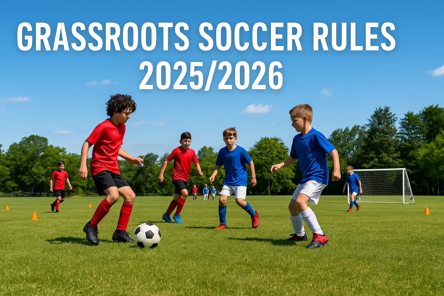 A youth soccer field with cones and kids playing 4v4 under a sunny sky, representing the Grassroots Soccer Rules 2025/2026
