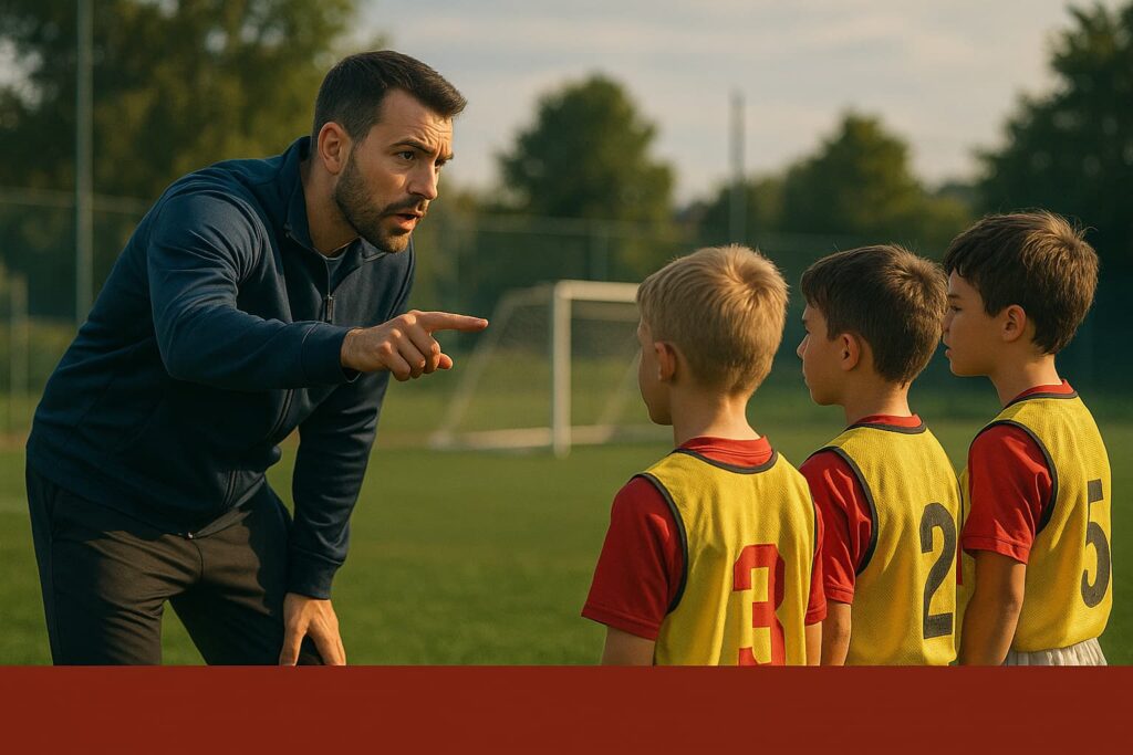 A football coach giving instructions to young players near the sideline during a grassroots training session under warm afternoon light, representing the Grassroots Soccer Rules 2025/2026.