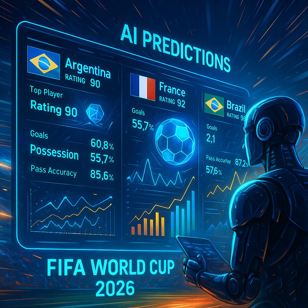 A high-tech screen displaying AI predictions and data visualizations for FIFA 2026 World Cup teams.