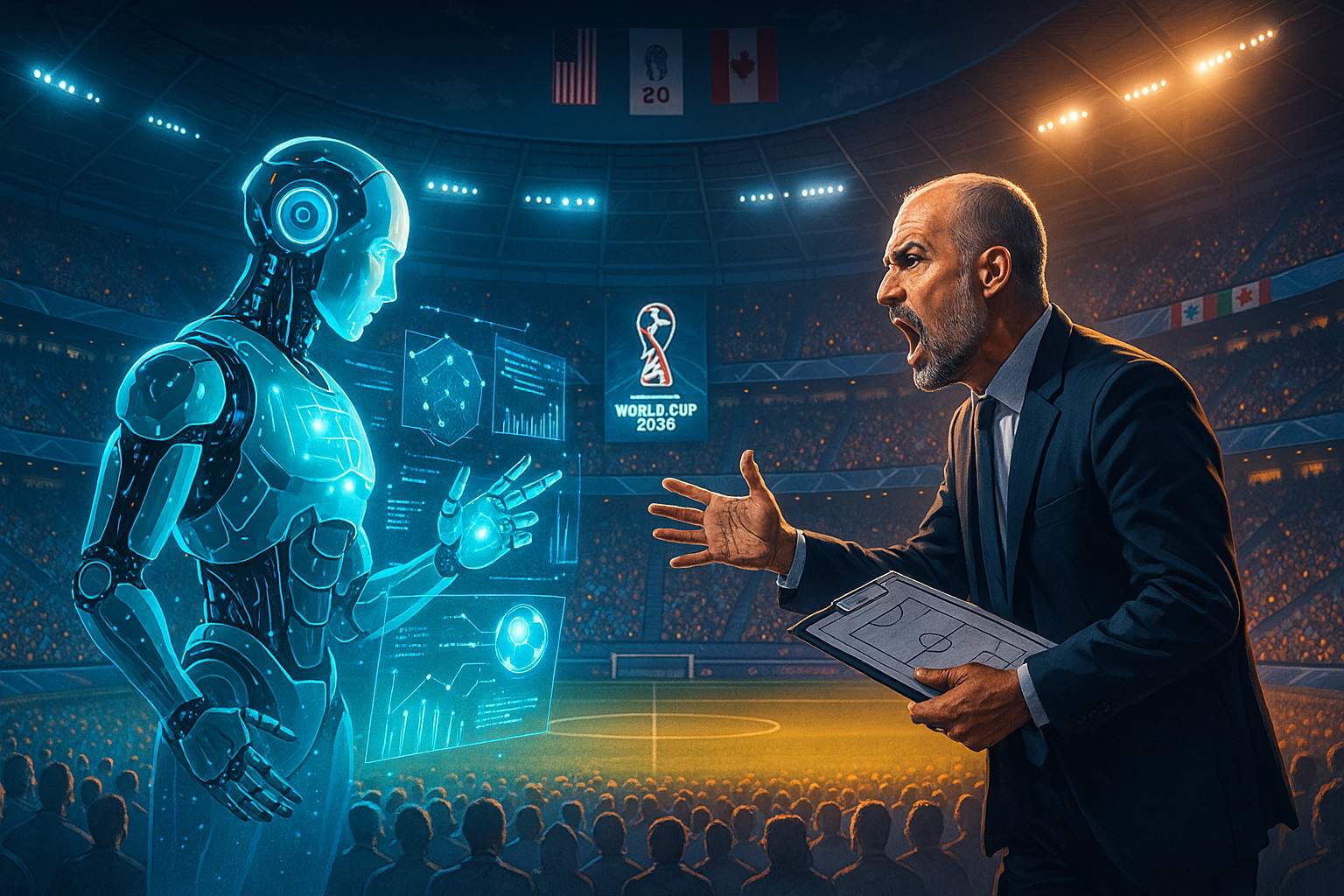 A futuristic scene showing AI vs human coach predicting FIFA 2026 outcomes in a stadium with USA, Mexico, and Canada flags.