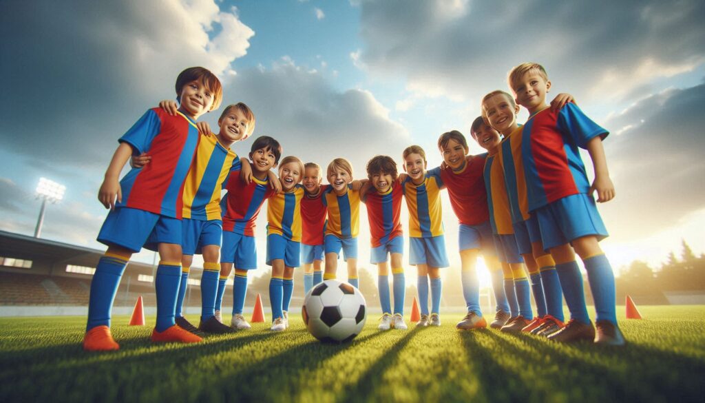 A group of smiling children in colorful football jerseys standing in a team huddle before a grassroots soccer match, representing unity and excitement in youth football under the Grassroots Soccer Rules 2025/2026.