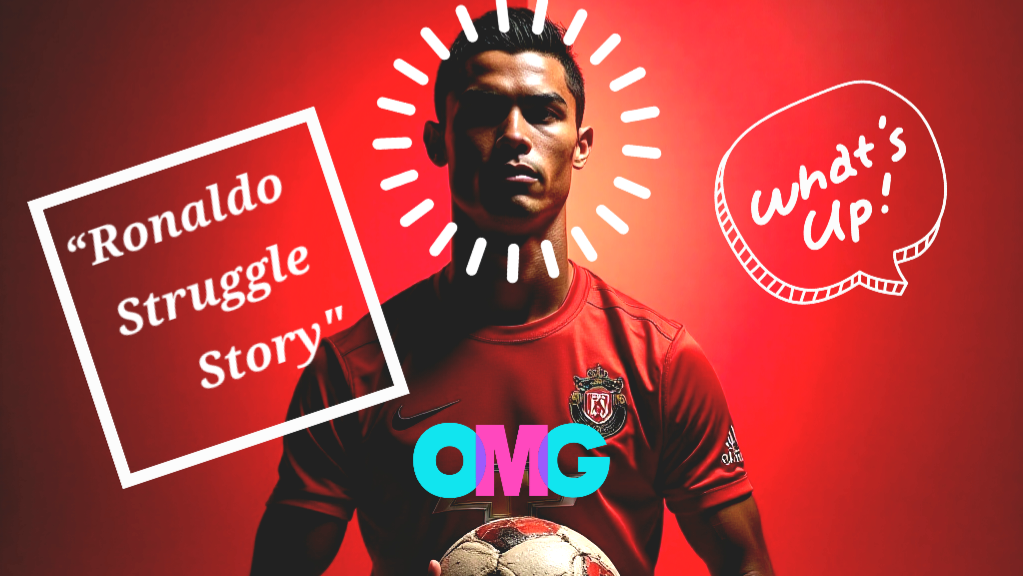 Split image showing a young boy in a torn football jersey holding a worn-out football on a street, and a modern footballer lifting a trophy in a stadium.